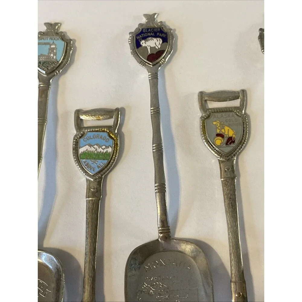 6 Souvenir Spoon Shovel style Enamel State Crest Embossed Bowl Vintage Travel